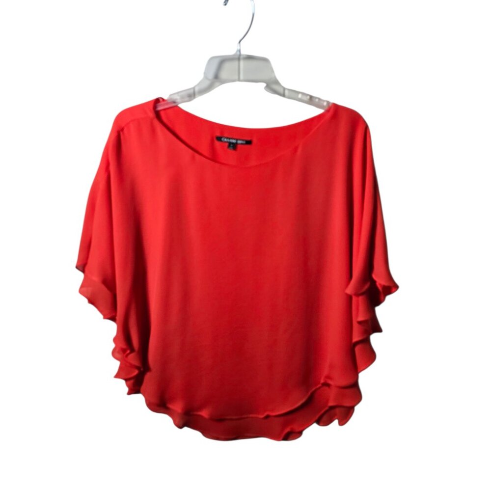 Gianni Bini Blouse Womens Large Orange Chiffon Ruffle Sleeve Flowy Party Top
